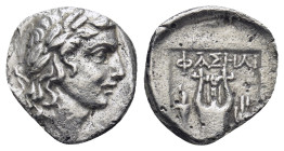 LYCIAN LEAGUE. Phaselis. Ca. 167-81 BC. AR drachm (2.1 Gr. 14mm.)
 Laureate head of Apollo right, hair falling in two ringlets 
Rev. Cithara (lyre); f...