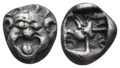 Mysia. Parion circa 500-450 BC. Drachm AR (12mm, 3,72 g) Facing gorgoneion with protruding tongue / Rough, quadripartite incuse square.