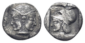 Mysia, Lampsakos AR Diobol. (11mm, 1.07 g) c. 500-450. Female janiform head / Helmeted head of Athena l. within incuse square.