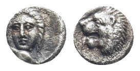 SATRAPS of CARIA. Hekatomnos. Circa 392-377 BC. AR Tetartemorion (6mm, 0,25 g). Head of roaring lion left / Male head facing slightly left.