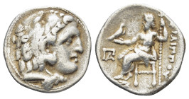 Kingdom of Macedon, Philip III Arrhidaios AR Drachm. (17mm, 4.2 g) In the types of Alexander III. Kolophon, circa 323-317 BC. Head of Herakles right, ...