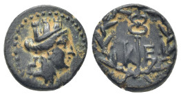 Caria. Keramos circa 200-0 BC. Also attributed to Keraitai of Pisidia Bronze Æ (14mm., 2,94 g). Turreted head of Tyche right / K-E, kerykeion within l...