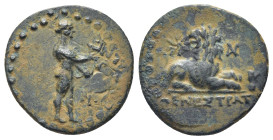 Ionia. Miletos . ΜΕΝΕΣΤΡΑΤΟΣ (Menestratos), magistrate circa 200 BC. Bronze Æ (18mm., 3,45 g). Apollo Didymeus standing right, holding stag and bow, m...
