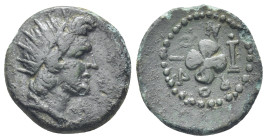 ISLANDS off CARIA, Rhodos. Rhodes. Early 1st century AD. Æ (18mm, 3.68 g). Radiate head of Helios right / Rose seen from above; Herm to right.