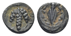 Caria. Syangela 300-275 BC. Bronze Æ (8mm., 0,61 g). Barley grain within wreath / Grape bunch.