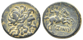 Pisidia. Isinda circa 200-0 BC. AE. (7.73 Gr. 18mm.)
Diademed head of Zeus right 
Rev. Warrior on horse rearing right, preparing to hurl spear, B (dat...