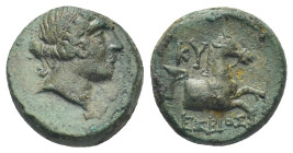 Aeolis, Kyme. ca.250-200 BC. Lesbios, magistrate. Æ (14mm, 3.45 g). Head of Amazon Kyme right. / KY. Forepart of horse right, single handled vase to l...