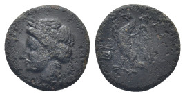 CARIA, Halikarnassos. Mid 4th-3rd centuries BC. Æ (12mm, 1.19 g). Laureate head of Apollo left / Eagle standing left; lyre to left.