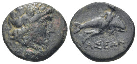 CARIA, Iasos. Circa 250-190 BC. Æ (20mm, 5.83 g). Laureate head of Apollo right / Hermias swimming with dolphin right.
