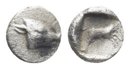 CARIA, Iasos. Late 5th century BC. AR Hemiobol (6mm, 0.28 g). Head of boar right / Prawn right within incuse square.