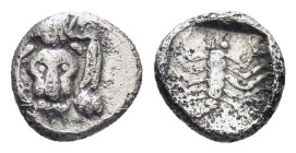 CARIA. Mylasa, circa 450-400 BC. AR Obol (7mm, 0,52 g) Obv. Facing lion’s scalp. Rev: Scorpion.