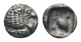CARIA. Mylasa. (Circa 420-390 BC). AR Tetartemorion. (5mm, 0,21 g). Head of roaring lion right Rev: Bird standing left; pellet to upper right and lowe...