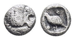 CARIA. Mylasa. (Circa 420-390 BC). AR Tetartemorion. (5mm, 0,25 g). Head of roaring lion right Rev: Bird standing left; pellet to upper right and lowe...