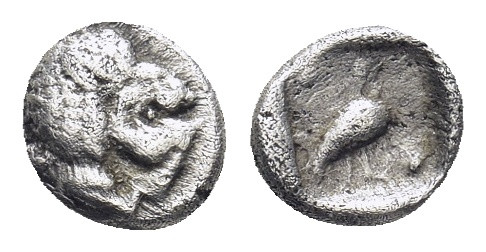 CARIA. Mylasa. (Circa 420-390 BC). AR Tetartemorion. (5mm, 0,28 g). Head of roar...