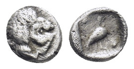 CARIA. Mylasa. (Circa 420-390 BC). AR Tetartemorion. (5mm, 0,28 g). Head of roaring lion right Rev: Bird standing right; pellet to upper right and low...