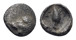 CARIA. Mylasa. (Circa 420-390 BC). AR Tetartemorion. (6mm, 0.24 g) Obv: Head of roaring lion left. Rev: Bird standing left; pellet to upper right and ...