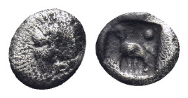 CARIA. Mylasa. (Circa 420-390 BC). AR Tetartemorion. (6mm, 0.25 g) Obv: Head of roaring lion left. Rev: Bird standing left; pellet to upper right and ...