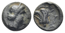CARIA. Rhodes. Ae (10mm, 1.13 g) (Circa 350-300 BC). Obv: Head of Nymph Rhodos right. Rev: P - O. Rose with bud to right.