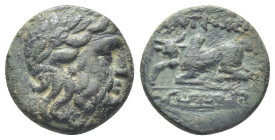 Caria, Antioch ad Maeandrum, c. 2nd century BC Æ (16mm, 3.65 g). Laureate head of Zeus r. R/ Humped bull recumbent l.; maeander pattern in exergue.