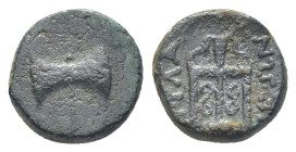 Caria, Mylasa . AE (10mm, 1.53 g), civic issue, 210-30 BC. Bipennis / MYΛAΣEΩN, ornate trident head.
