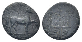 Caria, Mylasa 3rd-2nd centuries BC. AE. (11mm, 1.34 g). Horse walking right. Rev. M – Y, Decorated trident.