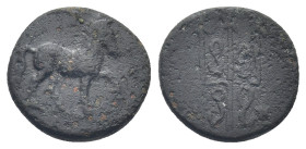 Caria, Mylasa 3rd-2nd centuries BC. AE. (12mm, 1.63 g). Horse walking right. Rev. M – Y, Decorated trident.