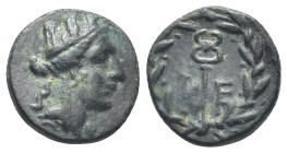 Caria. Keramos circa 200-0 BC. Also attributed to Keraitai of Pisidia Bronze Æ (13mm., 2,45 g). Turreted head of Tyche right / K-E, kerykeion within l...