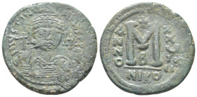 JUSTINIAN I. 527-565 AD. AE. Nicomedia mint. Dated RY 28 (554/5 AD). (16.95 Gr. 33mm.)
Diademed, helmeted, and cuirassed facing bust, holding globus c...