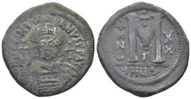 Justinian I. AD 527-565. AE. 40 Nummi. Theoupolis (Antioch), dated RY 20 = AD 546/7. (20 Gr. 35mm.)
Helmeted and cuirassed bust facing, holding globus...