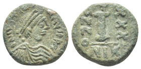 Justinian I. AD 527-565. Dated RY 30=AD 556/7. Nikomedia Decanummium Æ (14mm., 3,69 g). D N IVSTINIANVS P P AVG, pearl diademed, draped, cuirassed bus...