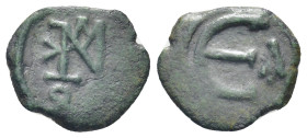 Justin II AE 5 Nummi. Antioch, AD 569-578. (12mm. 1,39 g) Monogram Rev. Large E, A(?) to right.