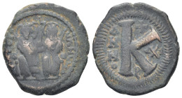 Justin II and Sophia AD 565-578. Theoupolis (Antioch) Half follis (7.73 Gr. 23mm.)
Justin, on left, and Sophia, on right, seated facing on a double th...