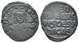 Theophilus. 829-842. Æ Half Follis (21mm, 4,52 g, 6h). Constantinople mint. Struck 831-842. Half-length facing figure of Theophilus, wearing loros and...
