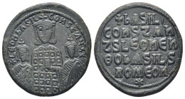 Basil I the Macedonian, with Constantine. AD 867-886. AE Follis (27mm, 7,19 g). + LEOn bASIL CONST AYGG Crowned half-length facing busts of Basil, wea...