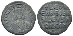 Leo VI the Wise, (A.D. 886-912), AE follis, Constantinople mint, (24mm, 5,57 g), obv. Leo VI bust facing, around +LEON bASILEVS ROM', rev. legend in f...