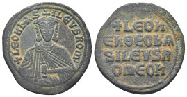 Leo VI the Wise. AD 886-912. Constantinople Follis Æ (27mm, 8,0 g). + LEON bASILEVS ROM star, Leo, crowned and wearing loros, seated facing on lyre-ba...