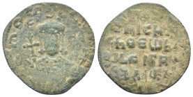 NICEPHORUS II PHOCAS.963-969 AD.Constantinople mint.AE Follis. (25mm, 3.72 g) NICIFR bASIL RW, crowned bust facing with short beard, wearing loros and...