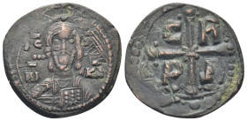 Romanus IV Diogenes. 1068-1071. Æ Follis (27mm, 6,8 g). Constantinople mint. Facing bust of Christ Pantokrator / Cross with globus and two pellets at ...