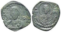 Anonymous (attributed to Romanus IV). Ca. 1068-1071. Æ follis (25mm, 4,84 g). Constantinople. Facing bust of Christ Pantokrator / Facing bust of the V...
