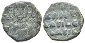 ANONYMOUS.Attributed to Basil II.976-1025 AD.Constantinople Mint. AE Follis (21mm, 5.89 g) Obverse : +ЄmmA NOVHA, IC XC to left and right of bust of C...