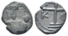 Alexius I Comnenus Æ Tetarteron. (13mm, 2.4 g) Uncertain Greek mint, AD 1081-1118. Patriarchal cross set on two steps; A-Δ K-Φ across fields / Crowned...