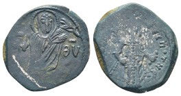 Manuel I Comnenus (1143-1180 AD). Constantinople. AE Tetarteron (18mm 3.63 g) Obv: MAN૪HΛ ΔECΠOTHC. Manuel standing facing, holding cruciform sceptre ...