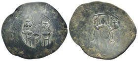 Manuel I Comnenus, AD 1143-1180. AE, Trachy. (27mm, 3.83 g). Constantinople. Obv: The Virgin Mary seated facing on throne. Rev: Manuel standing facing...