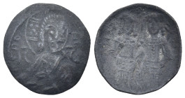 Byzantine, C. AD 12-15th centuries. AE, Trachy. (1 Gr. 17mm.)
Christ (?)
Rev: Emperor standing facing. Fine.