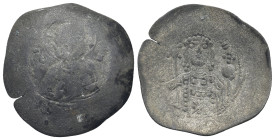 Byzantine, C. AD 12-15th centuries. AE, Trachy. (3.2 Gr. 27mm.)
Christ (?) seated facing. 
Rev: Emperor (?) standing facing. Fine.