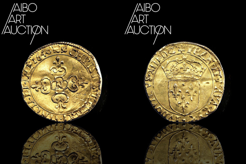 French royal coinage Gold - Louis XIII Golden shield in the sun Montpellier 1640...