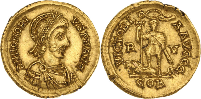Honorius (393-423)
Solidus 415, Ravenne.
Av. Buste casqué et cuirassé à droite.
...