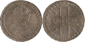 24. Pierre Le Grand (1689-1725)
Rouble en argent 1724 Moscou.
D : 40,4 mm - Poids : 29,2 g
Dia. : 23 page 38. Dav. : 1660.
TTB. (Défaut de métal au dr...