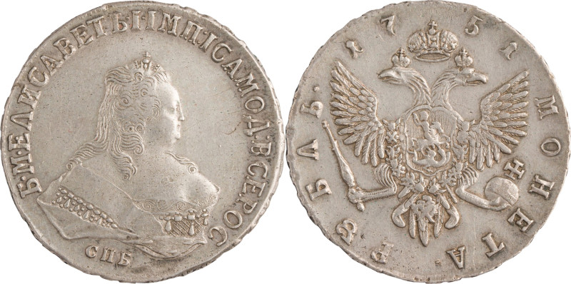 46. Elisabeth (1741-1762)
Rouble 1751 Saint-Pétersbourg.
DAV : 1677.
TTB-Superbe...