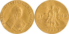 47. Elisabeth (1741-1762)
Ducat en or de 1752.
D : 21,4 mm - Poids : 3,4 g
Fr : 111.
TB à TTB, voilée.
(Manque de métal au revers)